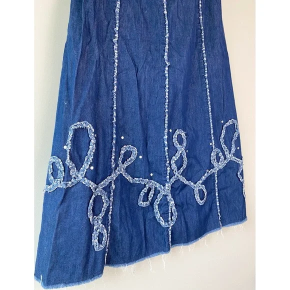 Reba Womens Denim Midi Skirt M Cowgirl Boho Festival Studded Pull On Cottagecore - Picture 3 of 9